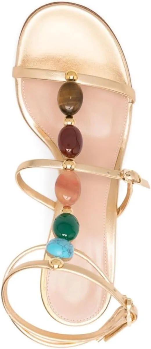 Women's Jeweled Stone Gladiator Sandals T strap Buckle Trio Sandals Mid Heel Ankle Strap Shoes