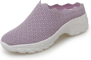 Women’s Knit Closed Orthopedic Flat Mules Fashion Mesh Slip-On Round Toe Non-Slip Soft Bottom Arch Support Sandals Summer Breathable Beach Walking Shoes