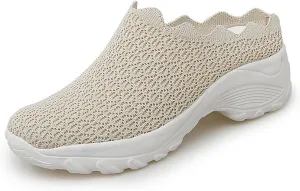 Women’s Knit Closed Orthopedic Flat Mules Fashion Mesh Slip-On Round Toe Non-Slip Soft Bottom Arch Support Sandals Summer Breathable Beach Walking Shoes