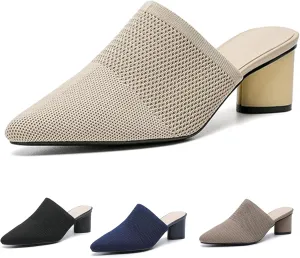Women’s Knit Mesh Backless Chunky Heel Mules Closed Pointed Toe Slip On Mid Block Heel Dress Pump Sandals Summer Breathable Office Daily Slippers