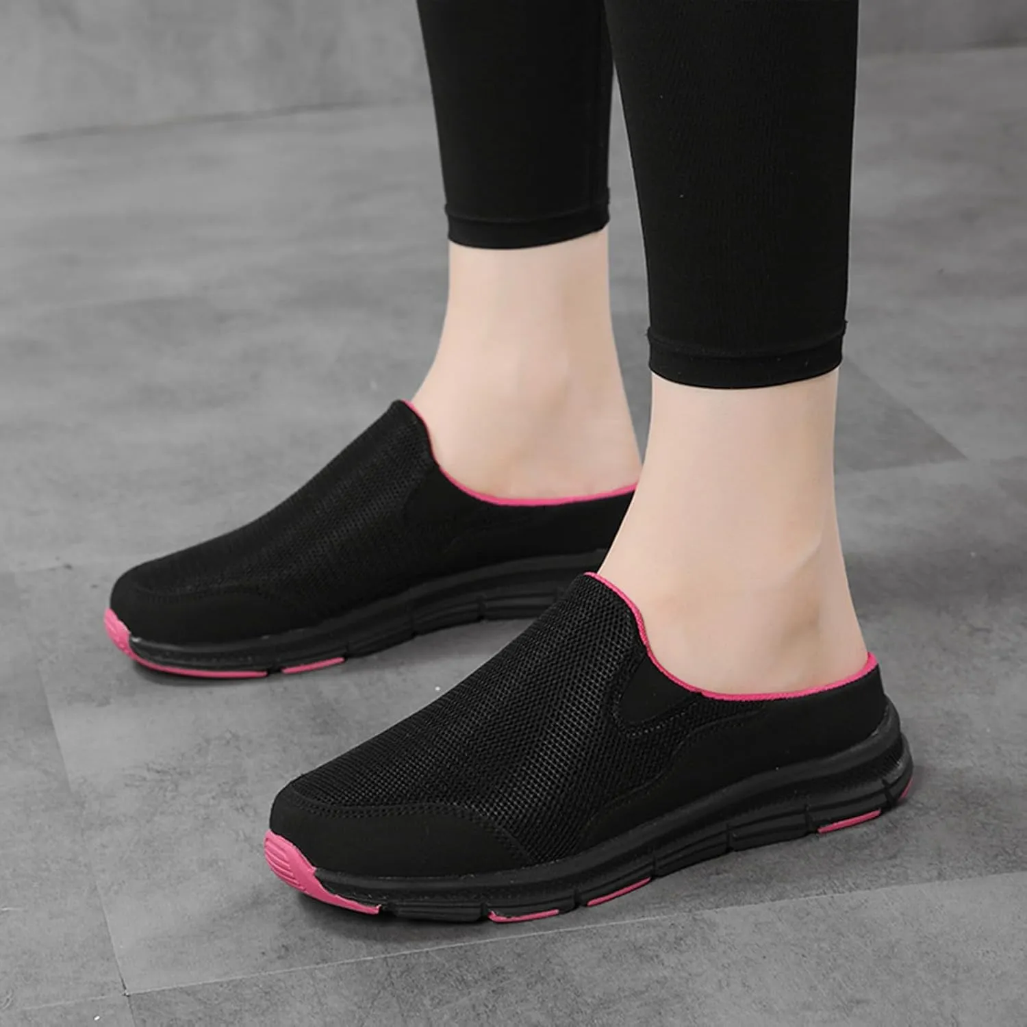 Women's Knitted Breathable Lightweight Slip-On Sports Mules Comfortable Non-Slip Backless Walking Shoes for Hiking House Traveling