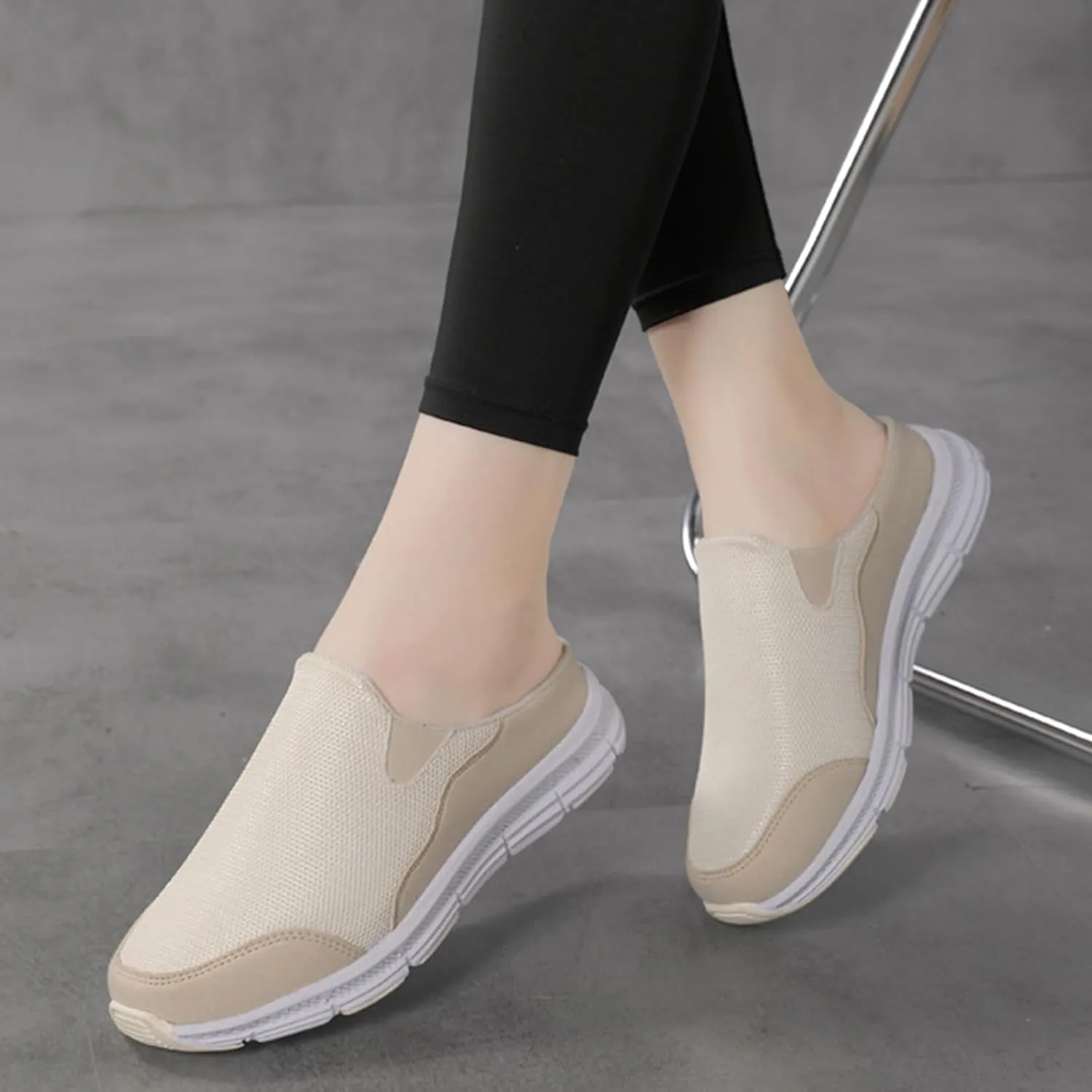 Women's Knitted Breathable Lightweight Slip-On Sports Mules Comfortable Non-Slip Backless Walking Shoes for Hiking House Traveling