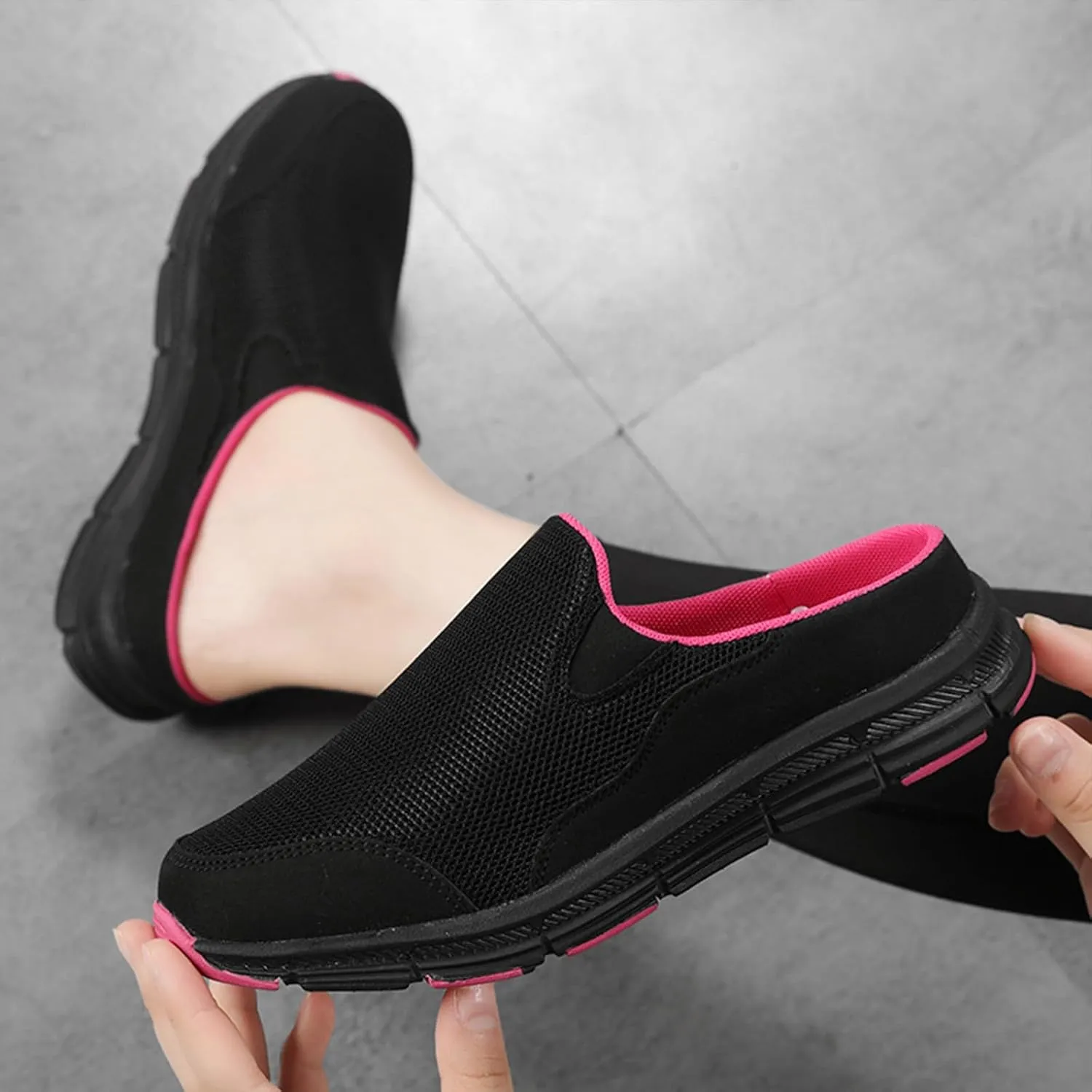 Women's Knitted Breathable Lightweight Slip-On Sports Mules Comfortable Non-Slip Backless Walking Shoes for Hiking House Traveling