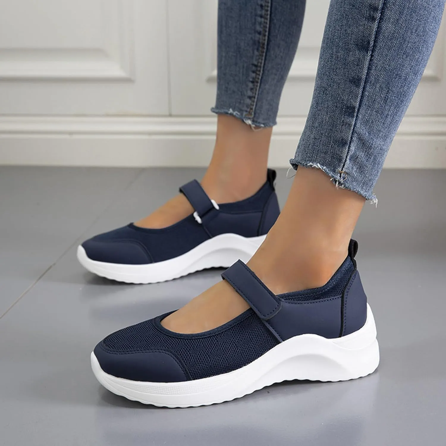 Women's Knitted Platform Mary Jane Orthopedic Sneakers,Fashion Adjustable Lightweight Breathable Working Nurse Shoes,Comfortable Non-Slip Soft Sole Casual Walking Shoes
