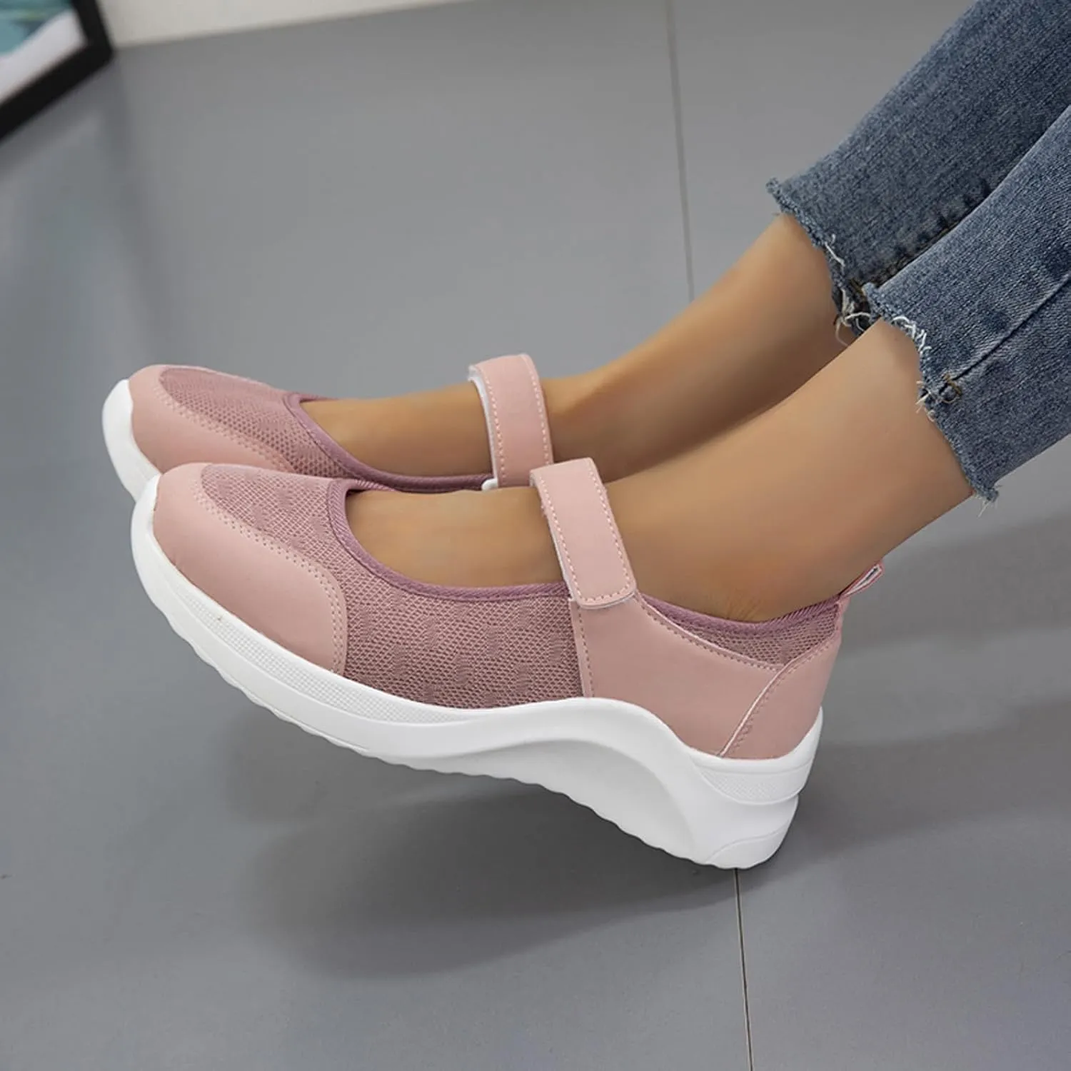 Women's Knitted Platform Mary Jane Orthopedic Sneakers,Fashion Adjustable Lightweight Breathable Working Nurse Shoes,Comfortable Non-Slip Soft Sole Casual Walking Shoes