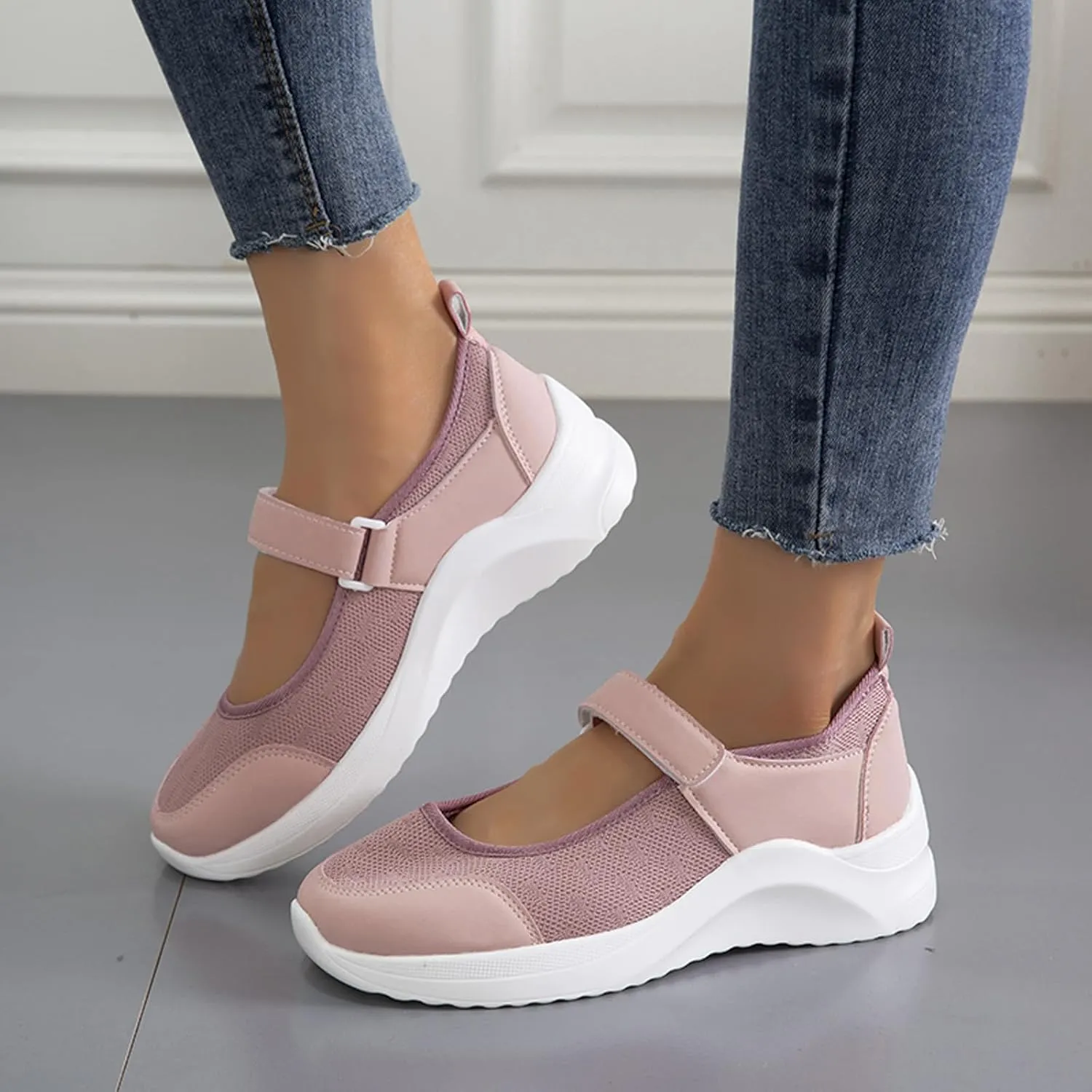 Women's Knitted Platform Mary Jane Orthopedic Sneakers,Fashion Adjustable Lightweight Breathable Working Nurse Shoes,Comfortable Non-Slip Soft Sole Casual Walking Shoes