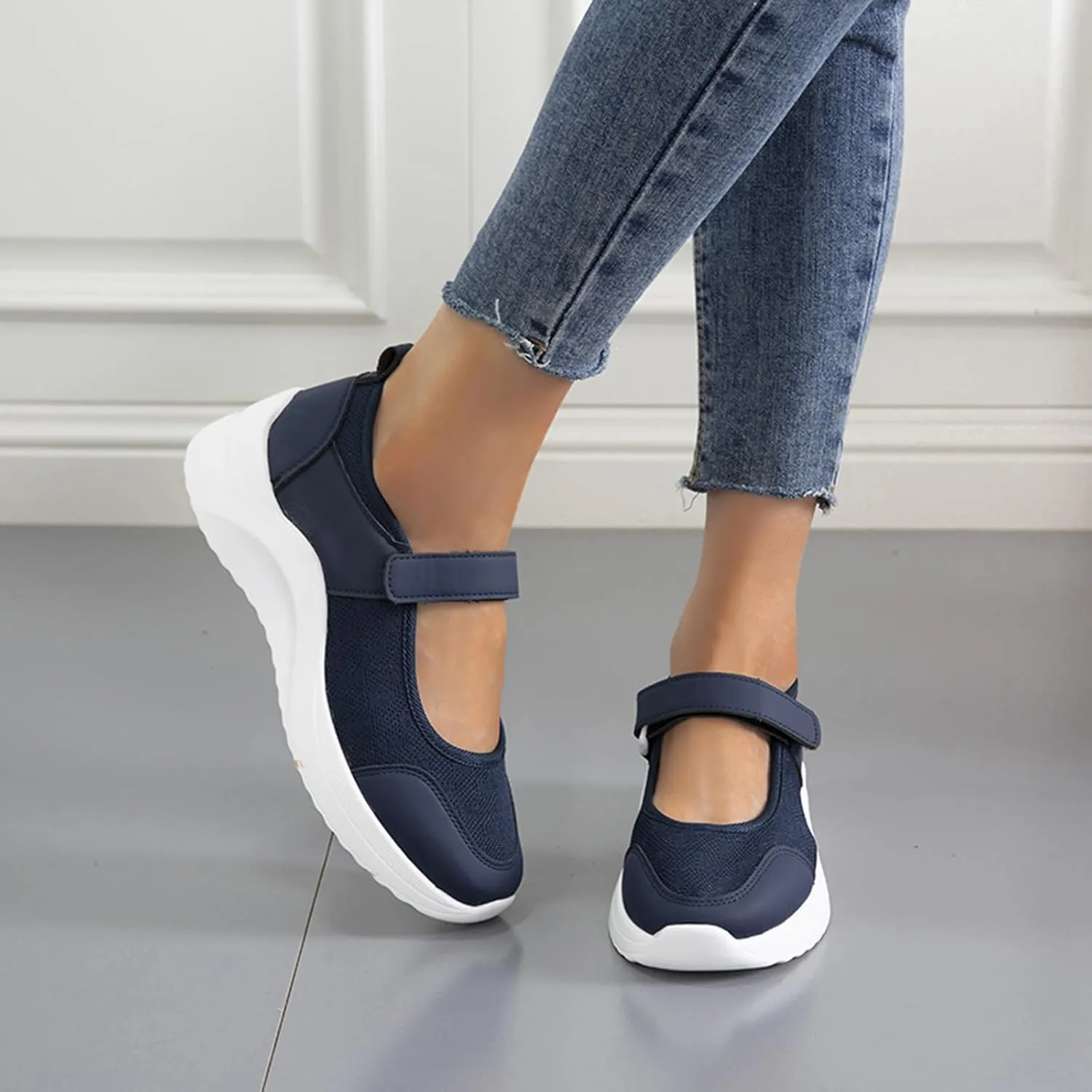 Women's Knitted Platform Mary Jane Orthopedic Sneakers,Fashion Adjustable Lightweight Breathable Working Nurse Shoes,Comfortable Non-Slip Soft Sole Casual Walking Shoes
