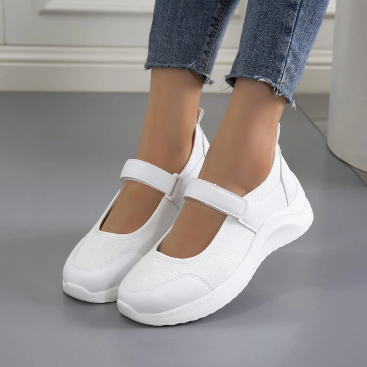 Women's Knitted Platform Mary Jane Orthopedic Sneakers,Fashion Adjustable Lightweight Breathable Working Nurse Shoes,Comfortable Non-Slip Soft Sole Casual Walking Shoes