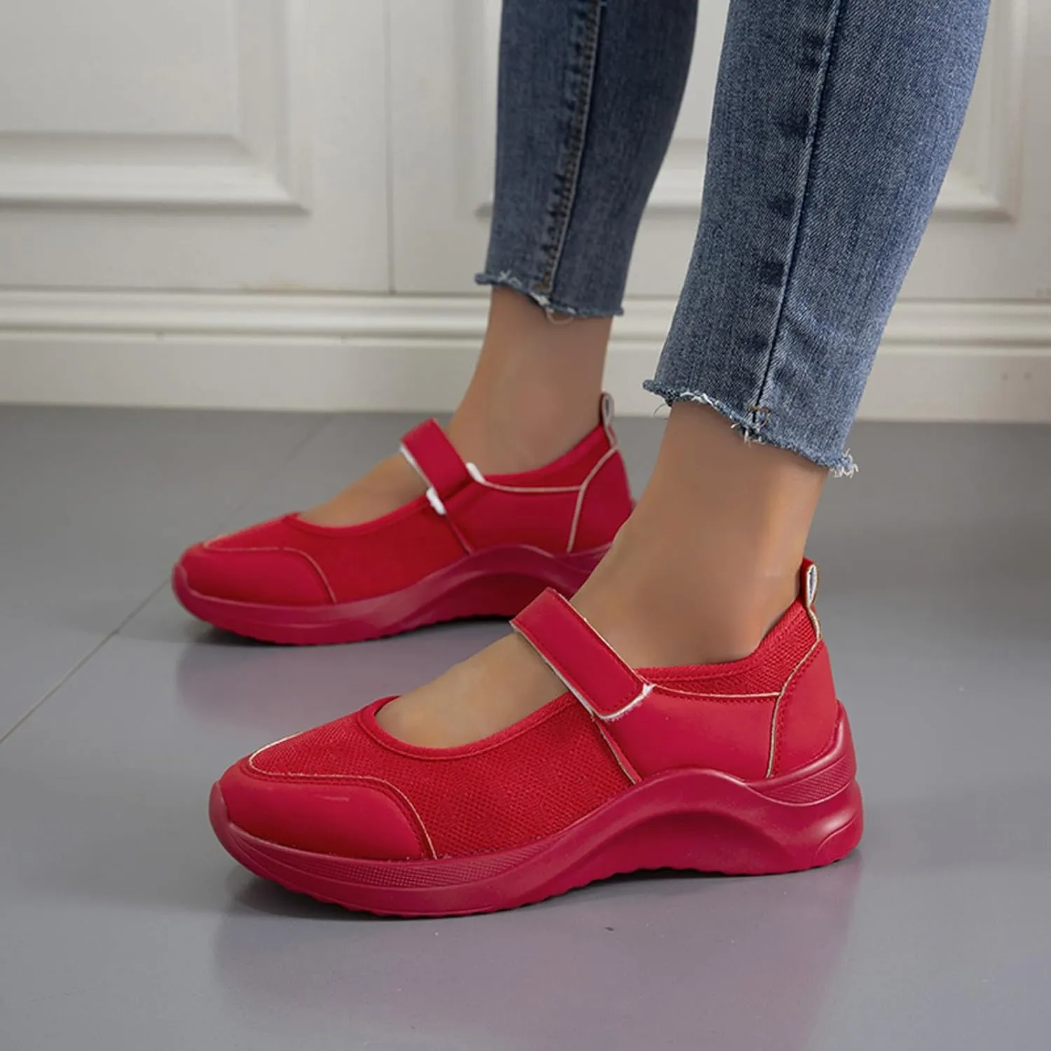 Women's Knitted Platform Mary Jane Orthopedic Sneakers,Fashion Adjustable Lightweight Breathable Working Nurse Shoes,Comfortable Non-Slip Soft Sole Casual Walking Shoes