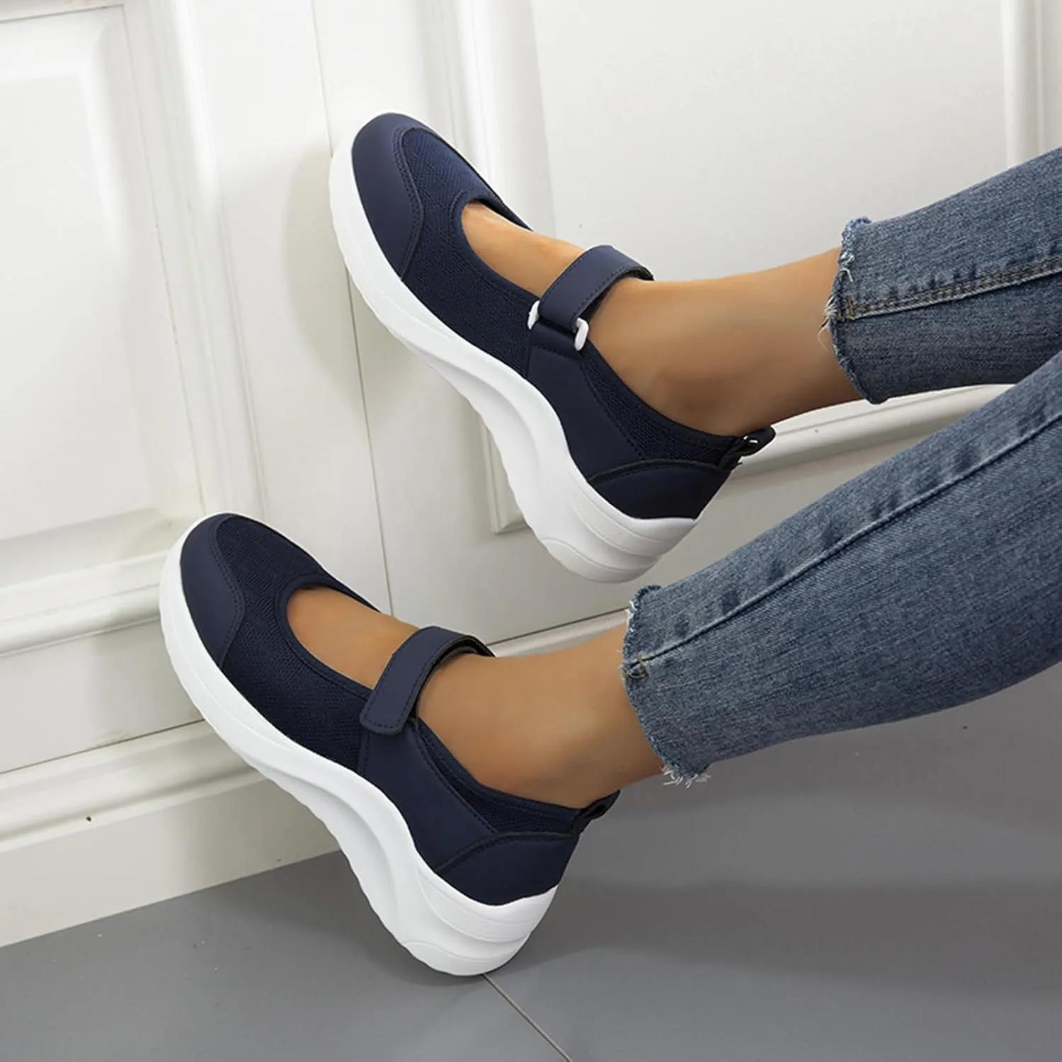 Women's Knitted Platform Mary Jane Orthopedic Sneakers,Fashion Adjustable Lightweight Breathable Working Nurse Shoes,Comfortable Non-Slip Soft Sole Casual Walking Shoes