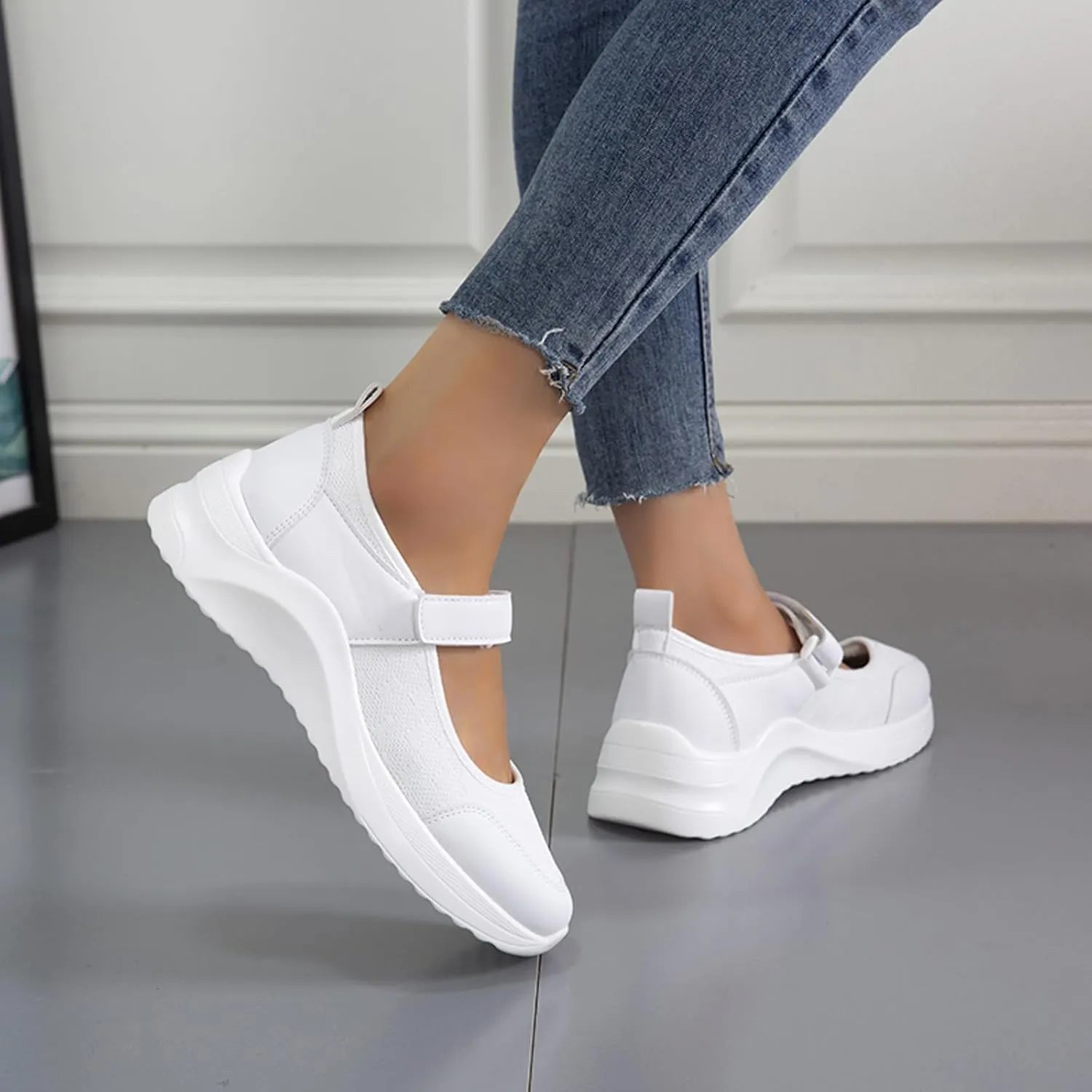 Women's Knitted Platform Mary Jane Orthopedic Sneakers,Fashion Adjustable Lightweight Breathable Working Nurse Shoes,Comfortable Non-Slip Soft Sole Casual Walking Shoes