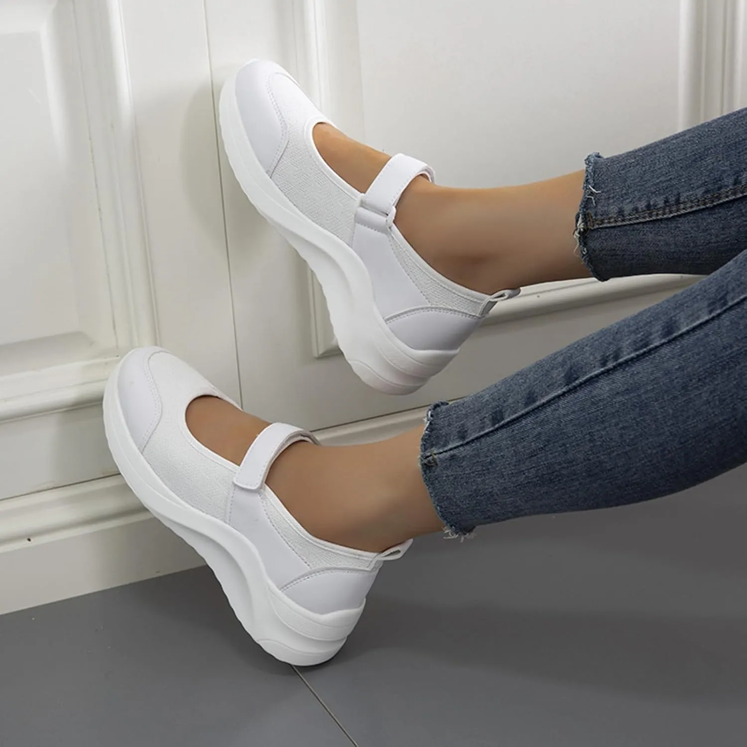 Women's Knitted Platform Mary Jane Orthopedic Sneakers,Fashion Adjustable Lightweight Breathable Working Nurse Shoes,Comfortable Non-Slip Soft Sole Casual Walking Shoes