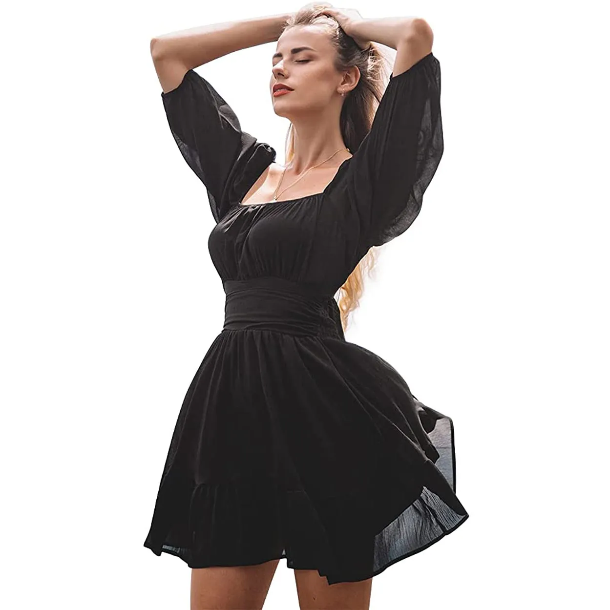 Women's Lantern Sleeve Tie Back Mini Dress