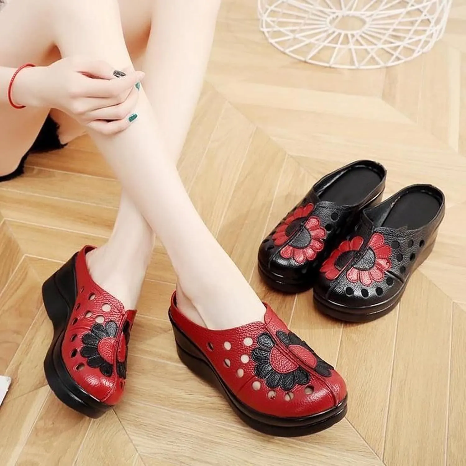 Women's Leather Closed Round Toe Fashion Platform Mules Comfortable Non-Slip Cutout Breathable Slip-On Wedge Backless Sandals for Outdoor Walking Beach