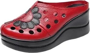 Women's Leather Closed Round Toe Fashion Platform Mules Comfortable Non-Slip Cutout Breathable Slip-On Wedge Backless Sandals for Outdoor Walking Beach