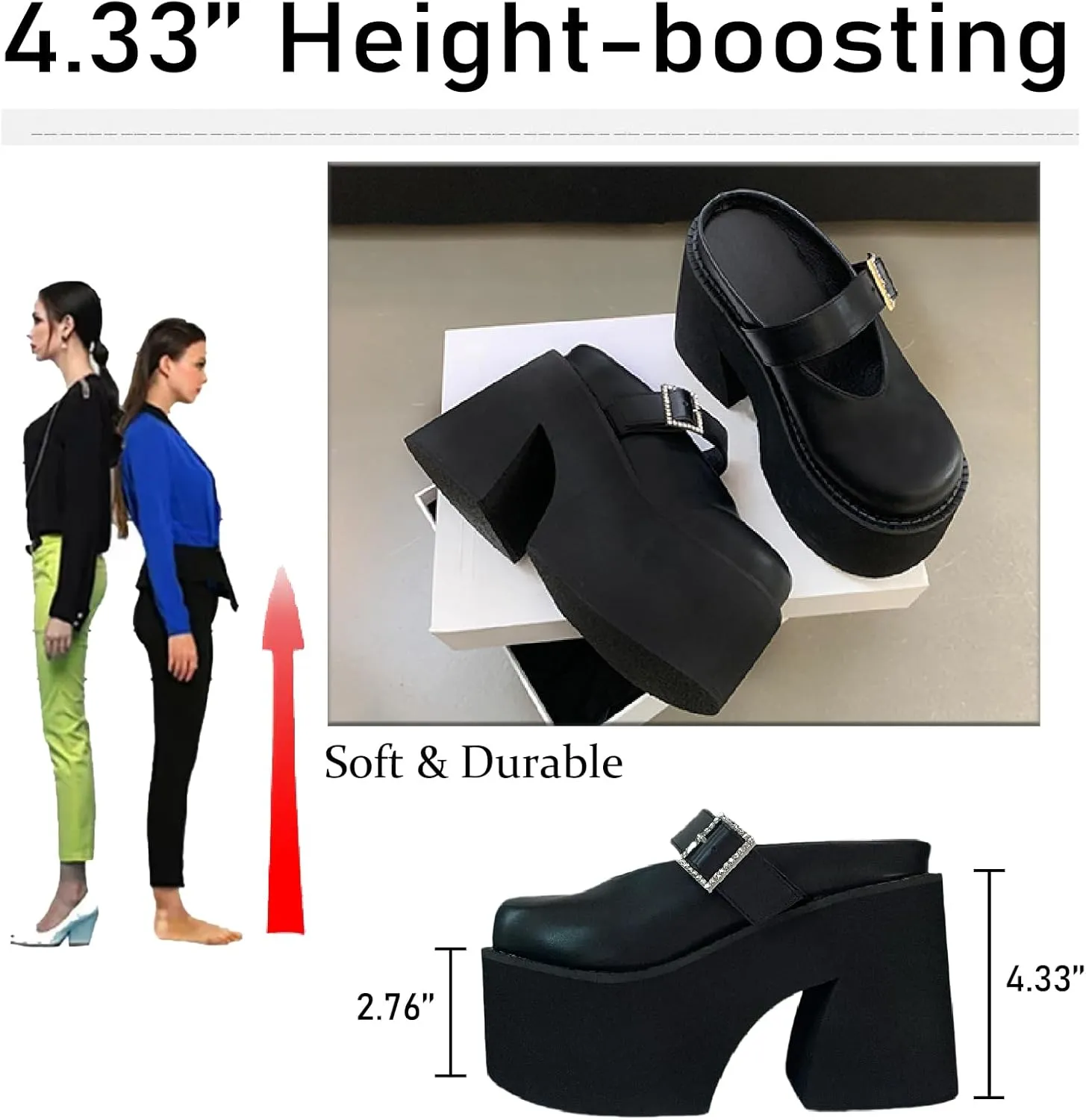 Women's Leather Platform High Heel Mules with Adjust Buckle Strap Fashion Comfortable Closed Round Toe Chunky Increase Height Clogs for Nightclub Party Dress Slippers