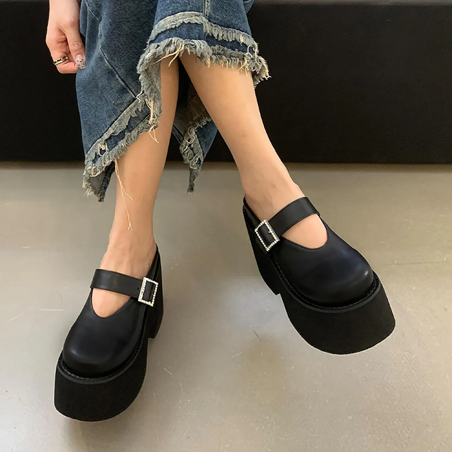 Women's Leather Platform High Heel Mules with Adjust Buckle Strap Fashion Comfortable Closed Round Toe Chunky Increase Height Clogs for Nightclub Party Dress Slippers