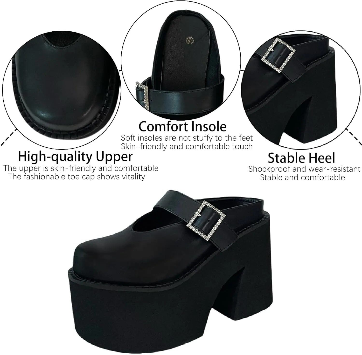 Women's Leather Platform High Heel Mules with Adjust Buckle Strap Fashion Comfortable Closed Round Toe Chunky Increase Height Clogs for Nightclub Party Dress Slippers