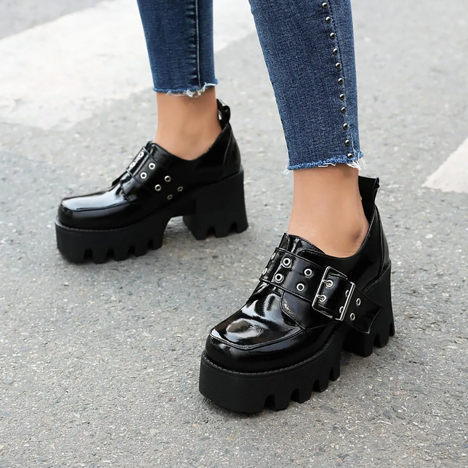 Women's Leather Platform Mid Chunky Heel Gothic Buckle Loafers Fashion Slip-On Square Toe Block Lug Sole Punk Y2k Shoes for Work,Parties,Dress