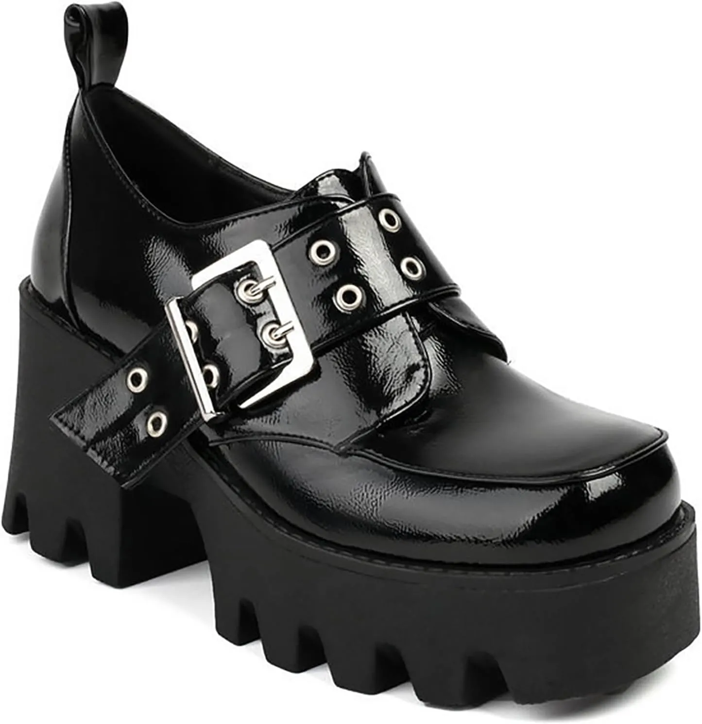 Women's Leather Platform Mid Chunky Heel Gothic Buckle Loafers Fashion Slip-On Square Toe Block Lug Sole Punk Y2k Shoes for Work,Parties,Dress