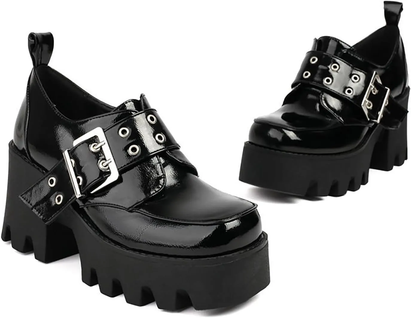 Women's Leather Platform Mid Chunky Heel Gothic Buckle Loafers Fashion Slip-On Square Toe Block Lug Sole Punk Y2k Shoes for Work,Parties,Dress