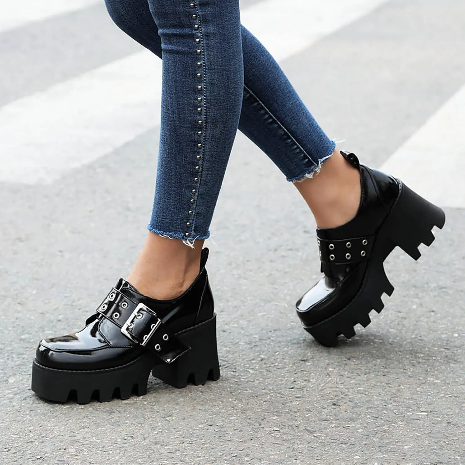 Women's Leather Platform Mid Chunky Heel Gothic Buckle Loafers Fashion Slip-On Square Toe Block Lug Sole Punk Y2k Shoes for Work,Parties,Dress