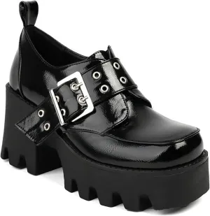 Women's Leather Platform Mid Chunky Heel Gothic Buckle Loafers Fashion Slip-On Square Toe Block Lug Sole Punk Y2k Shoes for Work,Parties,Dress