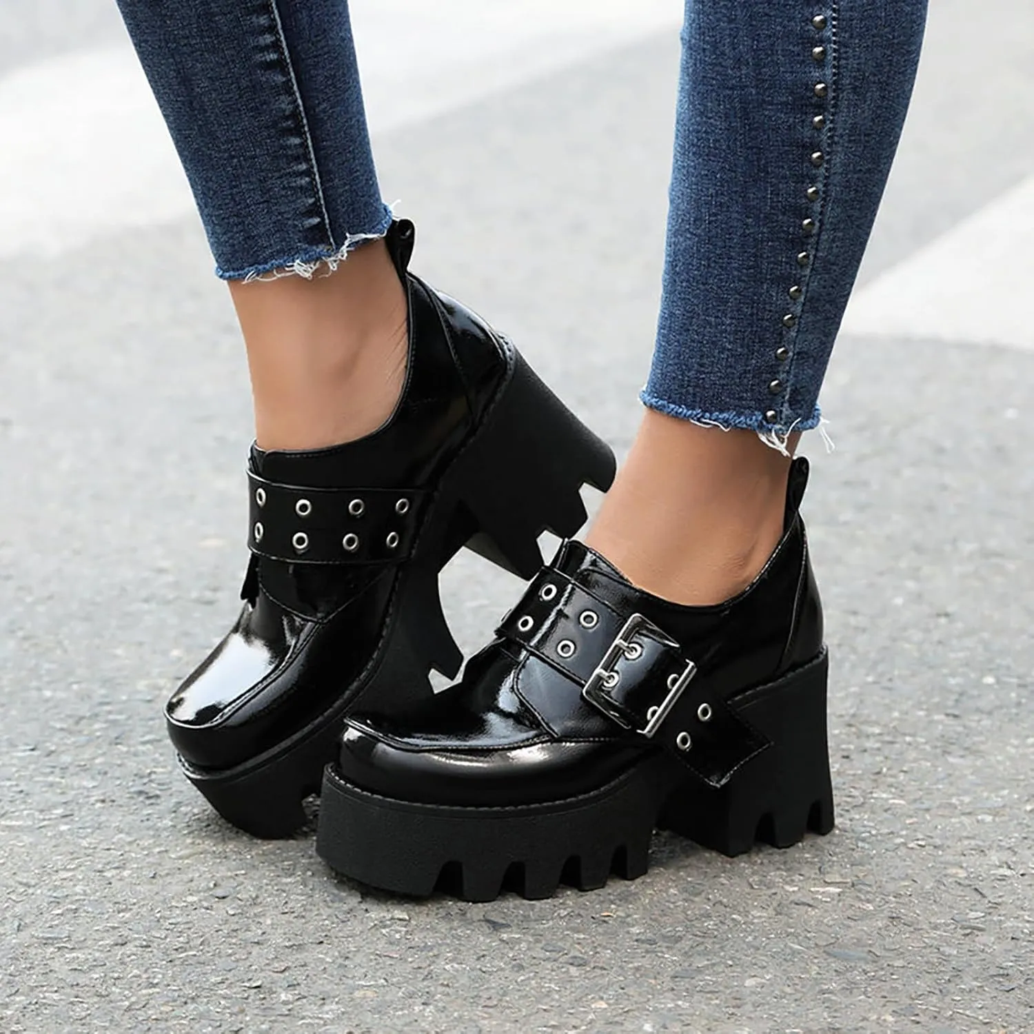Women's Leather Platform Mid Chunky Heel Gothic Buckle Loafers Fashion Slip-On Square Toe Block Lug Sole Punk Y2k Shoes for Work,Parties,Dress