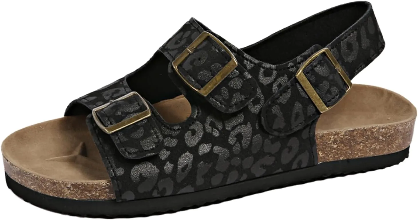 Women's Leopard Print Flat Cork Insole Sandals, Summer Lightweight Non-Slip Adjustable Double Buckle With Ankle Strap Casual Vacation Beach Shoes