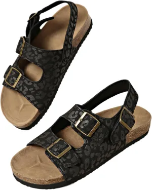 Women's Leopard Print Flat Cork Insole Sandals, Summer Lightweight Non-Slip Adjustable Double Buckle With Ankle Strap Casual Vacation Beach Shoes