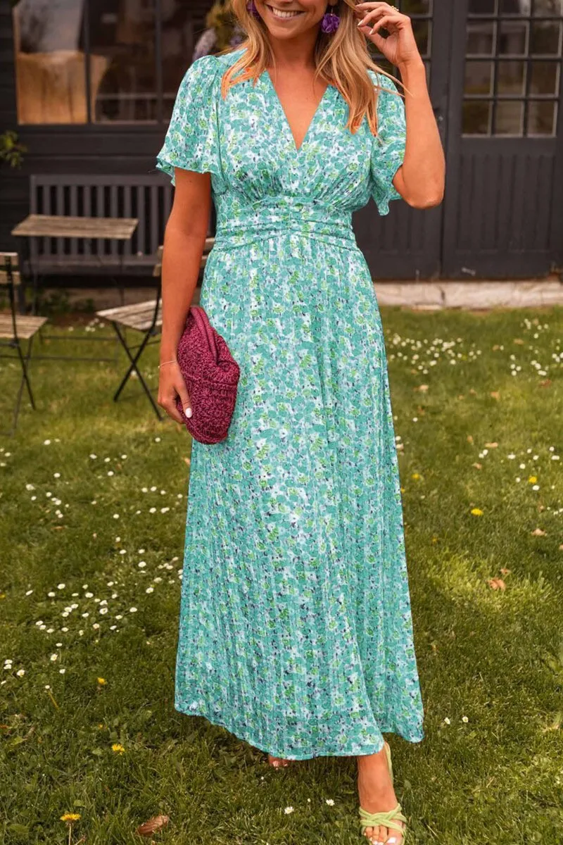 Women's Maxi Dress – Floral Print – V-Neck – Short Flutter Sleeves – Summer Fit