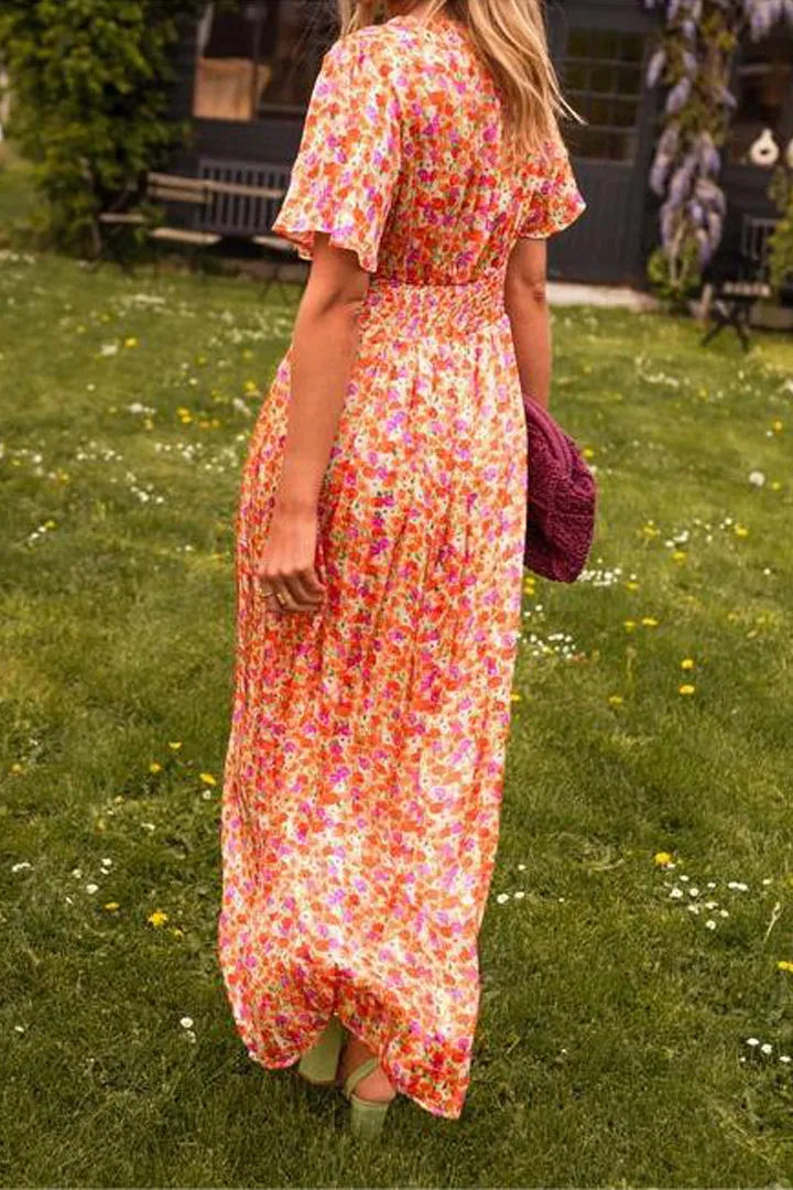 Women's Maxi Dress – Floral Print – V-Neck – Short Flutter Sleeves – Summer Fit