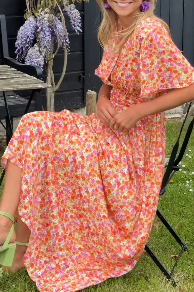 Women's Maxi Dress – Floral Print – V-Neck – Short Flutter Sleeves – Summer Fit