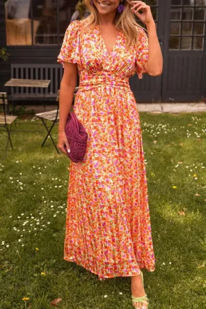 Women's Maxi Dress – Floral Print – V-Neck – Short Flutter Sleeves – Summer Fit
