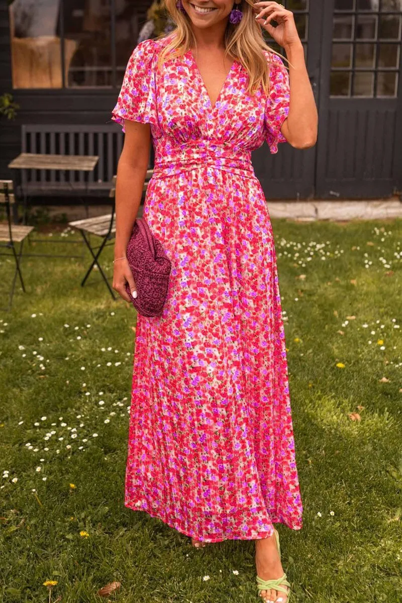 Women's Maxi Dress – Floral Print – V-Neck – Short Flutter Sleeves – Summer Fit