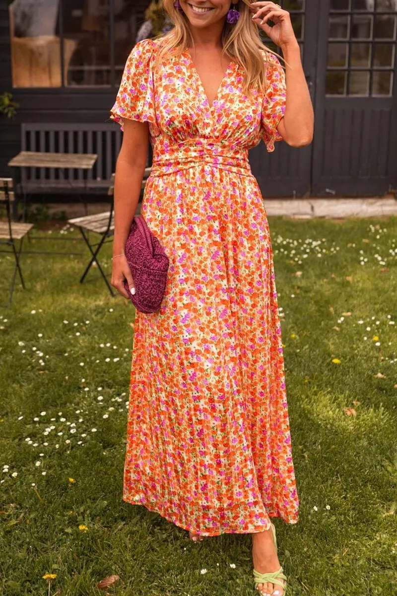 Women's Maxi Dress – Floral Print – V-Neck – Short Flutter Sleeves – Summer Fit