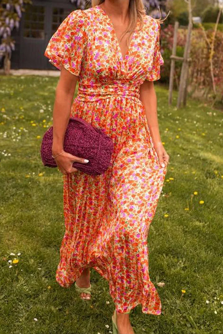 Women's Maxi Dress – Floral Print – V-Neck – Short Flutter Sleeves – Summer Fit
