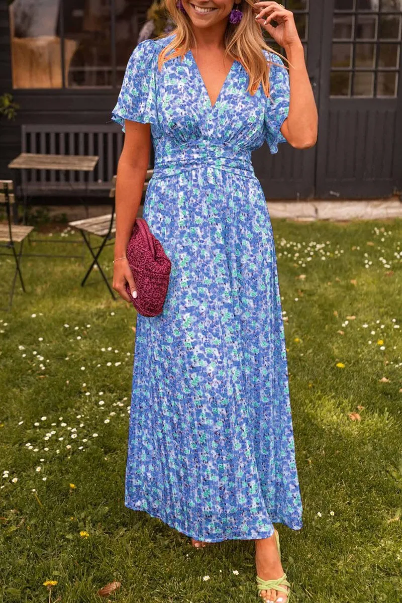 Women's Maxi Dress – Floral Print – V-Neck – Short Flutter Sleeves – Summer Fit