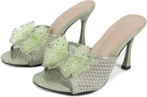 Women's Open Toe Bow Rhinestones Kitten Heels Slide Sandals Mesh Backless Slip On Fashion Heeled Sandals Wedding Bridal Party Dress Stiletto Sandal Shoes
