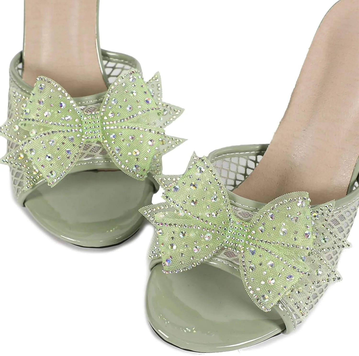 Women's Open Toe Bow Rhinestones Kitten Heels Slide Sandals Mesh Backless Slip On Fashion Heeled Sandals Wedding Bridal Party Dress Stiletto Sandal Shoes