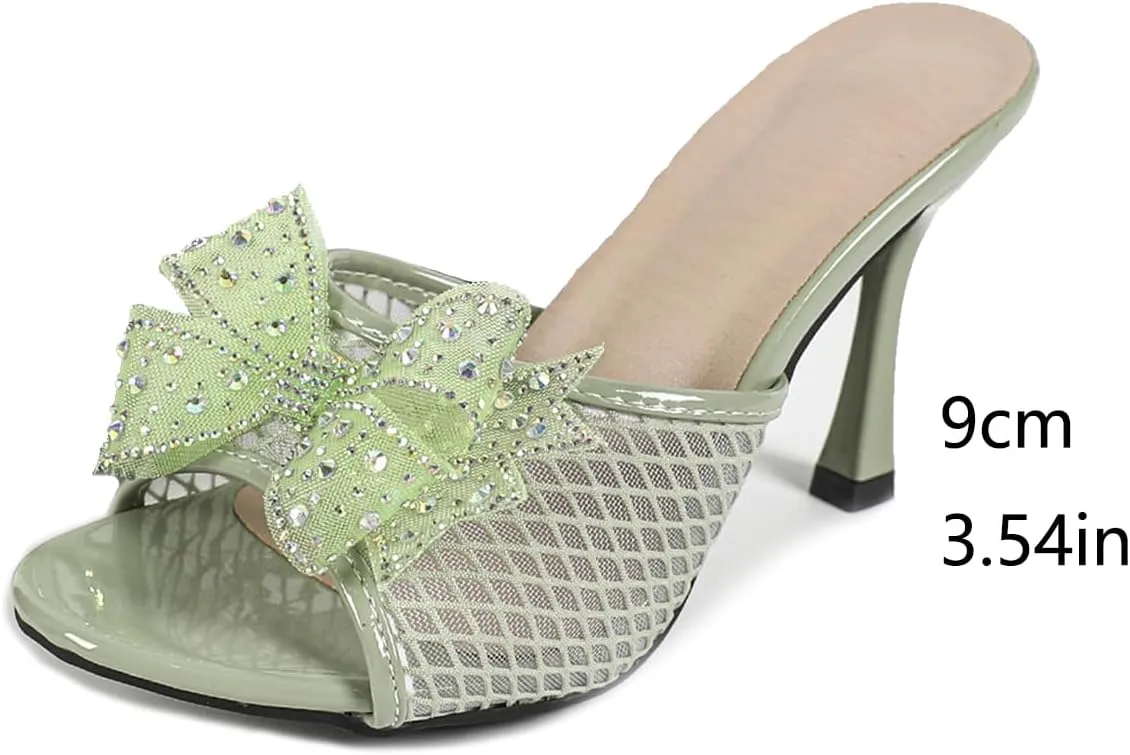 Women's Open Toe Bow Rhinestones Kitten Heels Slide Sandals Mesh Backless Slip On Fashion Heeled Sandals Wedding Bridal Party Dress Stiletto Sandal Shoes