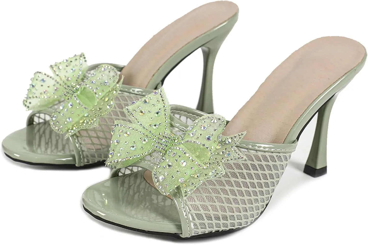 Women's Open Toe Bow Rhinestones Kitten Heels Slide Sandals Mesh Backless Slip On Fashion Heeled Sandals Wedding Bridal Party Dress Stiletto Sandal Shoes