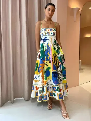 Women’s Printed Maxi Dress – Spaghetti Straps – Flowy Silhouette – Relaxed Fit – Vacation Look