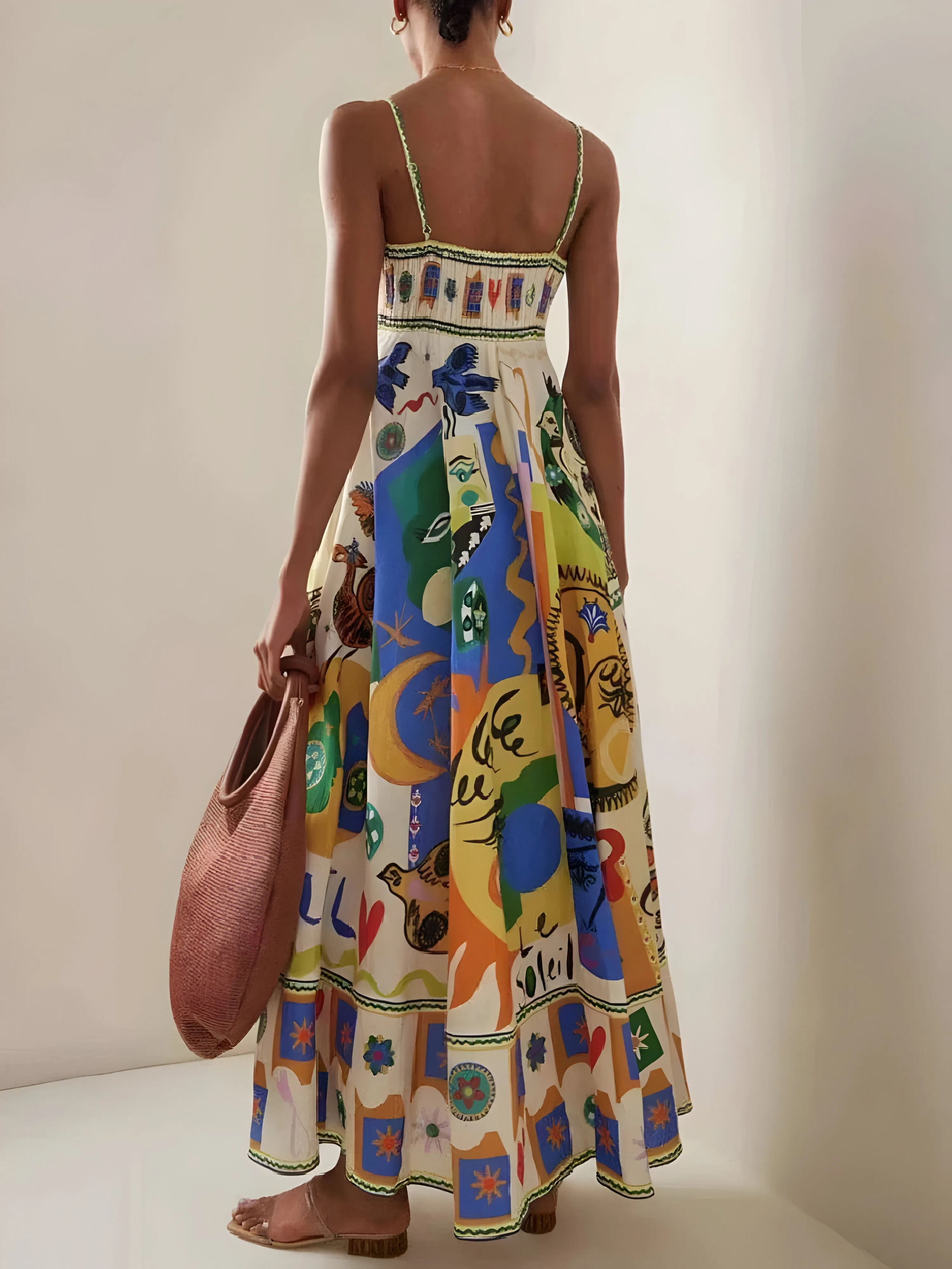 Women’s Printed Maxi Dress – Spaghetti Straps – Flowy Silhouette – Relaxed Fit – Vacation Look