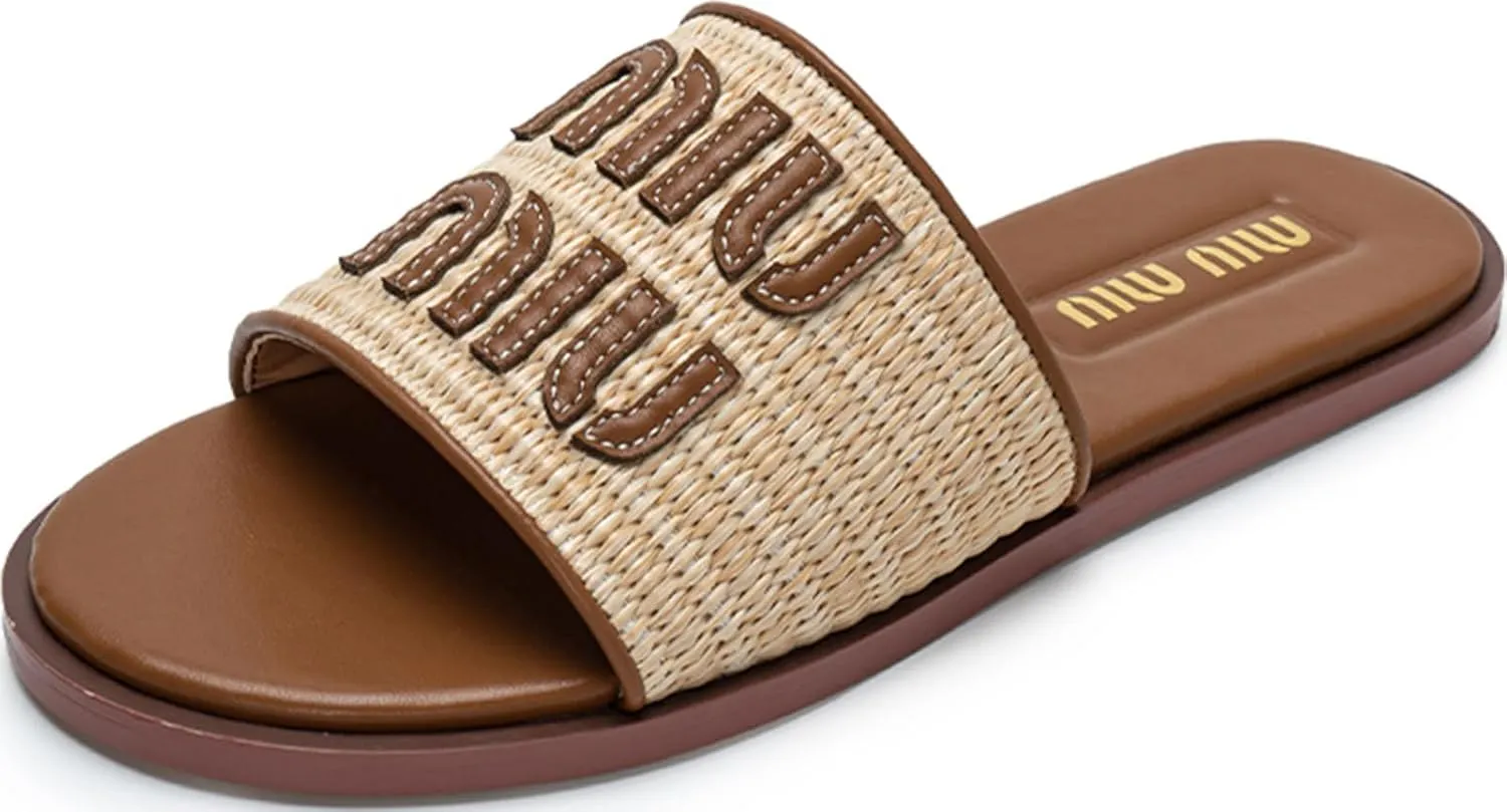 Womens Raffia Flat Sandals Open Toe Summer Beach Sandals Slip On Dressy Shoes