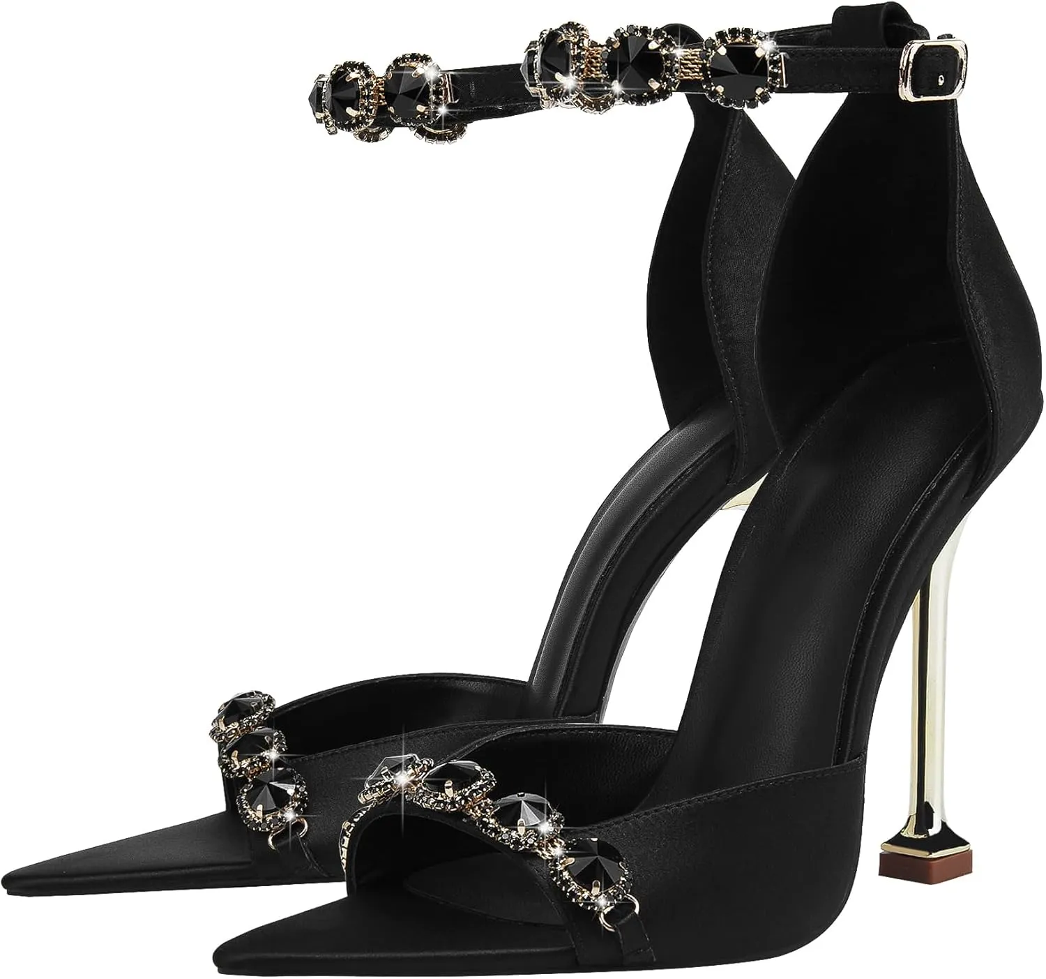 Women's Rhinestone Stiletto High Heeled Sandals Open Pointed Toe Ankle Buckle Heels Sandals Sexy Satin Stiletto Ankle Strappy Sandals for Party Prom