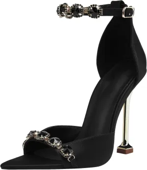 Women's Rhinestone Stiletto High Heeled Sandals Open Pointed Toe Ankle Buckle Heels Sandals Sexy Satin Stiletto Ankle Strappy Sandals for Party Prom