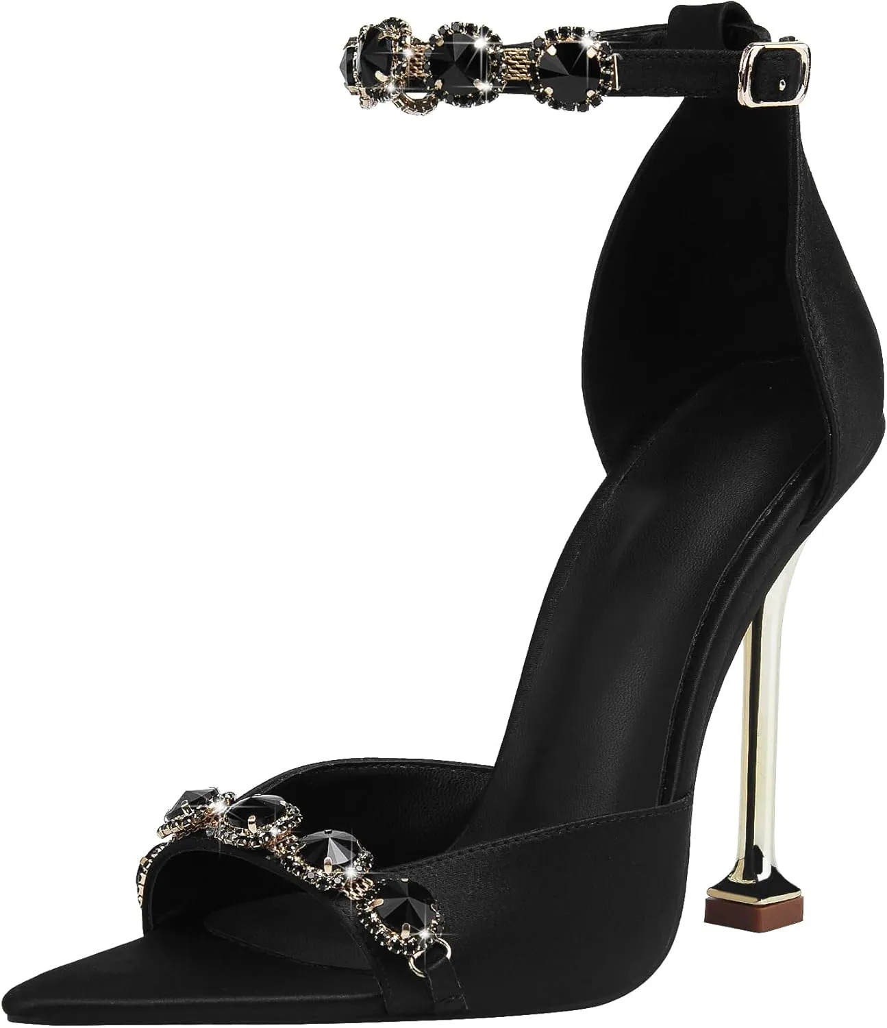 Women's Rhinestone Stiletto High Heeled Sandals Open Pointed Toe Ankle Buckle Heels Sandals Sexy Satin Stiletto Ankle Strappy Sandals for Party Prom