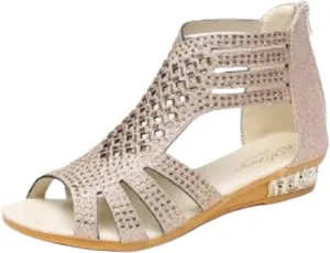 Women's Sandal Comfortable Gladiator Sandals Open Toe Shiny Rhinestone Bling Jeweled Shoes Back Zipper Low Wedge Walking Shoes Casual & Dressy Summer Shoe