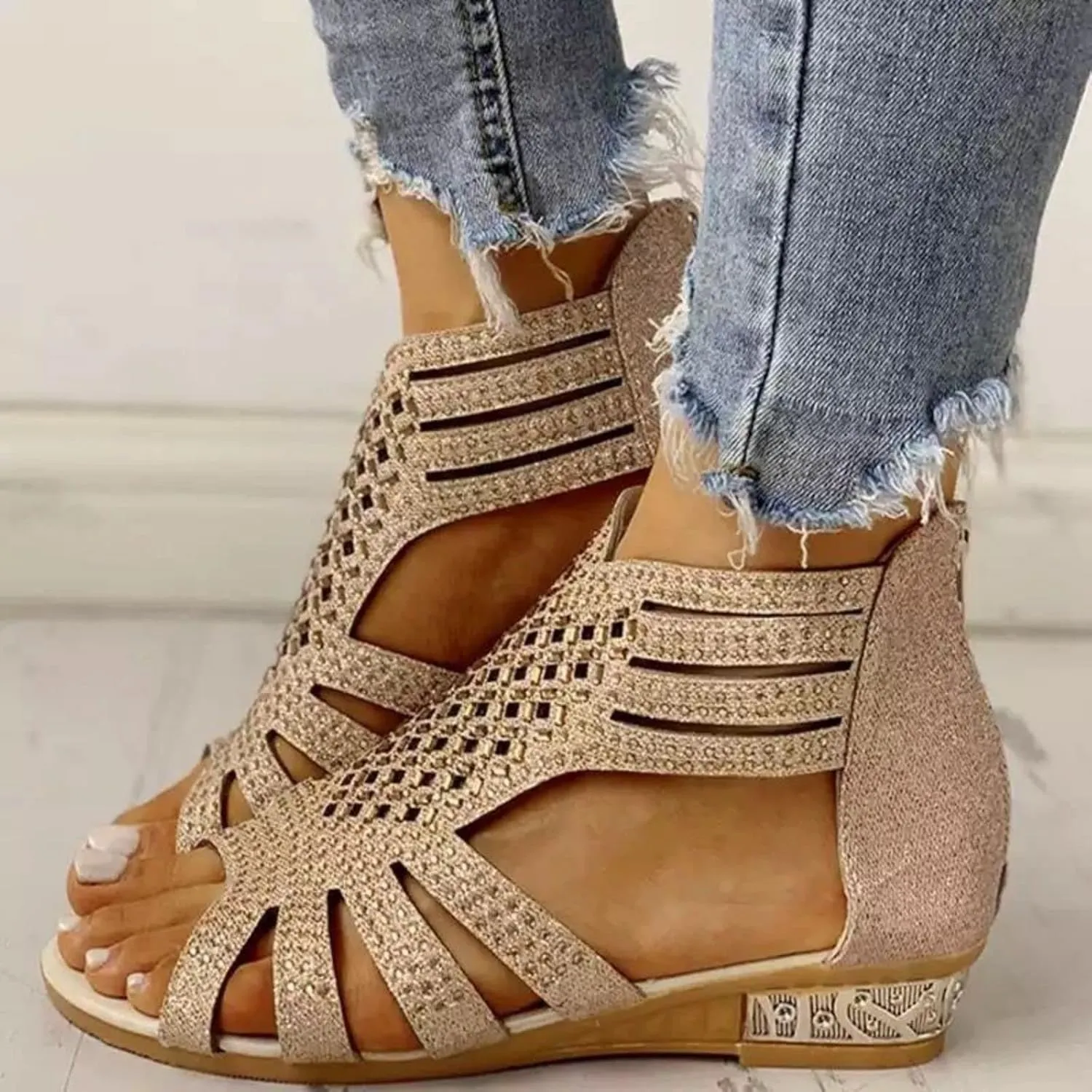 Women's Sandal Comfortable Gladiator Sandals Open Toe Shiny Rhinestone Bling Jeweled Shoes Back Zipper Low Wedge Walking Shoes Casual & Dressy Summer Shoe